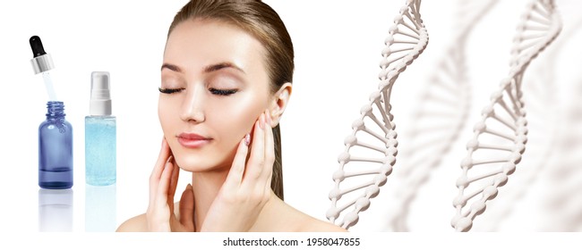 Young Woman Near Primer Oil Bottle Among DNA Stems.