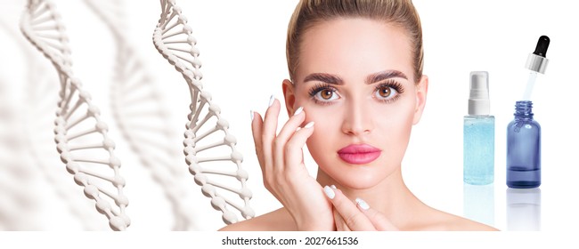 Young Woman Near Primer Oil Bottle Among DNA Stems.