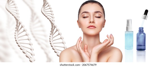 Young Woman Near Primer Oil Bottle Among DNA Stems.