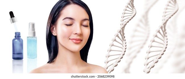 Young Woman Near Primer Oil Bottle Among DNA Stems.