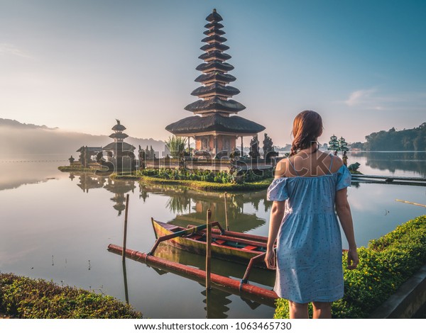 Young Woman Near Pura Ulun Danu Stock Image Download Now