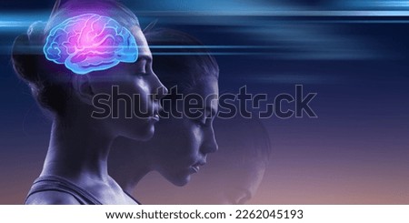 Young woman and neon light brain.