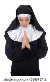 young woman nun praying isolated on white background