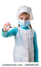 Young Woman Nurse With Medical Mask Holding Electronic Thermometer Over White Background, Portrat Orientation