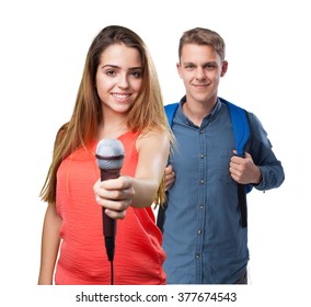 Young Woman Offering A Microphone On White Background