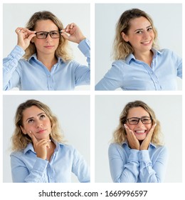 Young Woman In Office Shirt Portrait Set With Different Gestures And Face Expressions. Positive, Pensive, Serious Lady Studio Shot Collage. Multiscreen Montage, Split Screen Collage. Emotions Concept