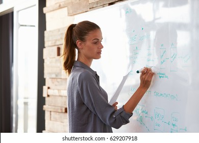 Young Woman In An Office Writing On A Whiteboard, Close Up