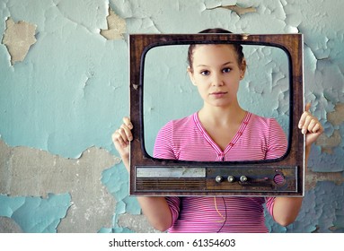 Young Woman With Old Tv Frame Photo