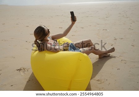 Similar – Surfer woman and yellow surfboard-France