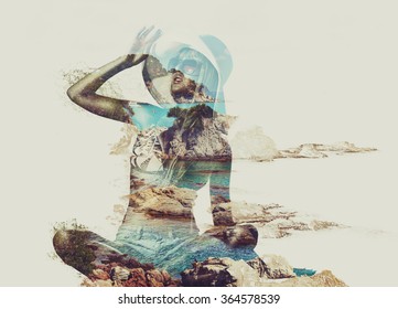 Young woman on beach and tropical nature concept portrait. Double exposure technique. - Powered by Shutterstock