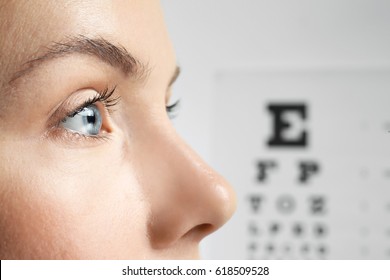 Young Woman On Eyesight Test Chart Background