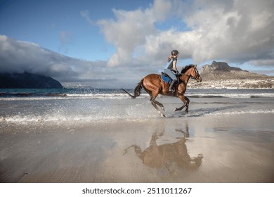 Young woman on horseback riding her bay horse through the waves on the beach on a partly cloudy day - Powered by Shutterstock