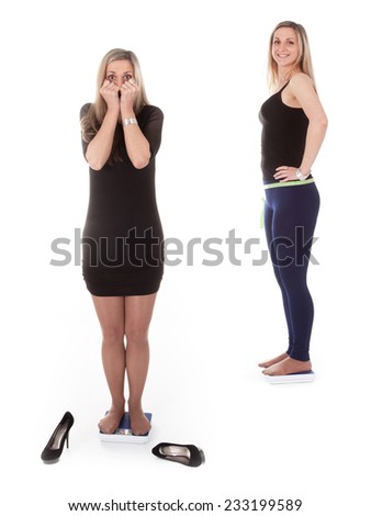 young woman on a scale in  horror under the white background