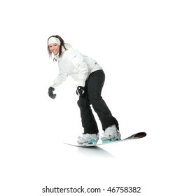 Young Woman On Snowboard Isolated On White Background