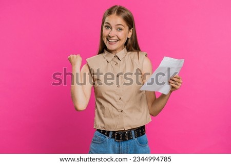 Young woman open envelope take out letter reads it feel happy. Career growth advance promotion, bank loan approve, monetary award, long-awaited invitation great news. Pretty blonde adult girl on pink