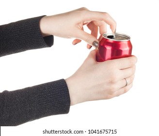 Young Woman Opening A Can Of Soda