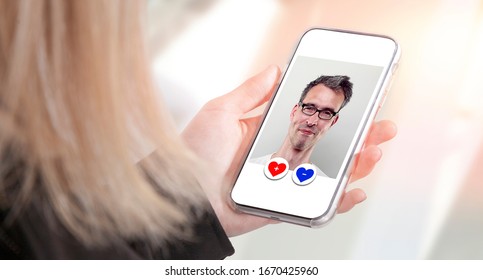 Young Woman Operates Smartphone Display With Online Dating App Deciding Dislike Or Like Button, While Watching Mature Handsome Man Portrait. Light City Environment With Blurry Background Bokeh Effect