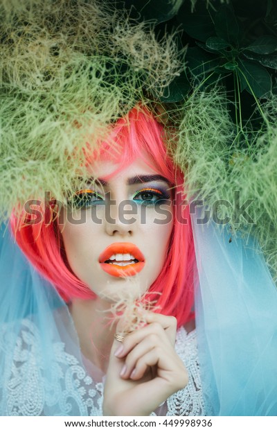 Young Woman Orange Pink Hair Bright Stock Photo Edit Now 449998936