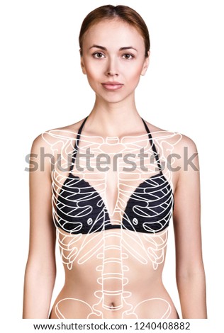 Young woman with paint skeleton on her body. Isolated on white.