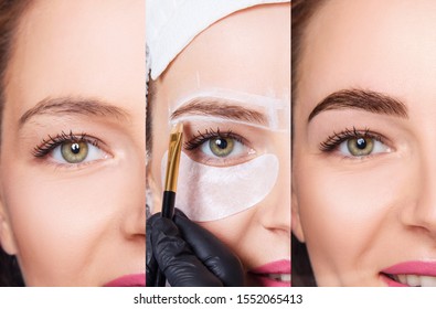 Young woman with painted correction lines before and after eyebrows architecture. Step by step.