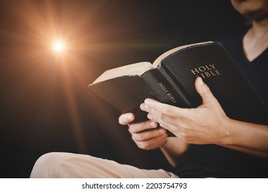 Young Woman Person Hand Holding Holy Bible With Study At Home. Adult Female Christian Reading Book In Church. Girl Learning Religion Spirituality With Pray To God. Concept Of Student Education Faith.