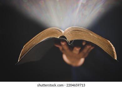Young woman person hand holding holy bible with study at home. Adult female christian reading book in church. Girl learning religion spirituality with pray to god. concept of student education faith. - Shutterstock ID 2204659713