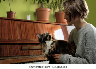 Young woman petting maine coon cat sitting near the piano at home. Home islolation. Feeling comfortable at home. Petting domesti animal. Flowers in flowerpots on a piano. Lifestyle at quarantine.