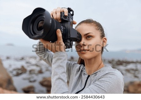 Similar – Image, Stock Photo Outdoor photographer captures serene lakeside moments