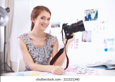 Young Woman Photographer Processing Pictures Sitting Stock Photo 