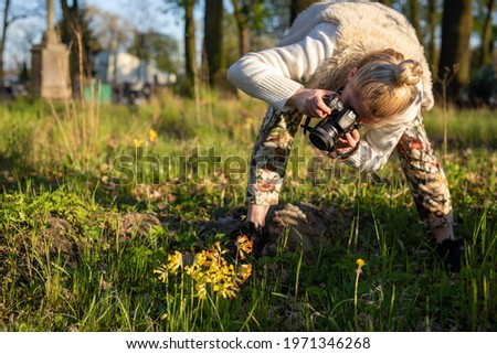 young woman photographs flowers in the meadow, photographing nature, the photographer leans over the plant