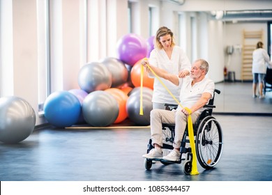 Young Woman Physiotherapist Working With A Senior Man In Wheelchair.