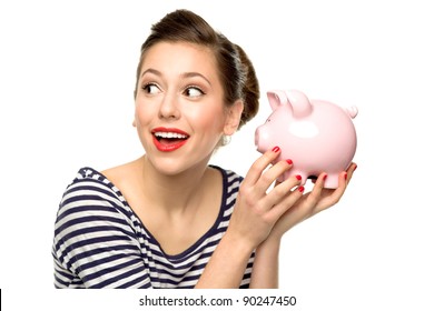 Young Woman With Piggy Bank