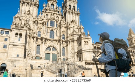 Young Woman Pilgrim in Santiago de Compostela, La Coruna, Galicia, Spain.