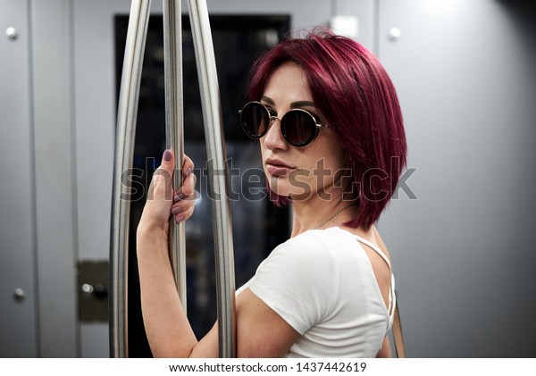 Young Woman Pink Maroon Burgundy Short Stock Photo Edit Now