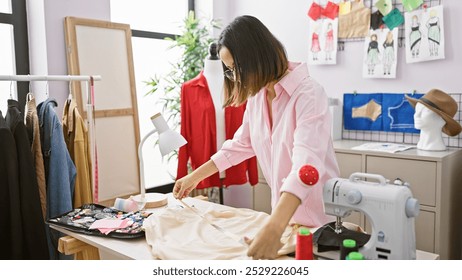 A young woman in a pink shirt meticulously measures a garment in a bright, organized fashion studio with sewing equipment. - Powered by Shutterstock