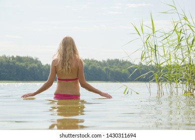 Young Woman In Pink Swimsuit Alone Slowly Going To Swim In Lake. Warm Morning In Summer. Peaceful Atmosphere. Back View.