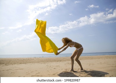 Young Woman Placing Blanket On Beach
