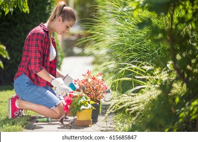 Young woman is planting flowers in her beautiful green garden - Shutterstock ID 615685847