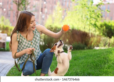 Young woman playing with adorable Jack Russell Terrier dog outdoors