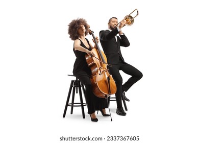 Young woman playing a cello and man playing sax isolated on white background