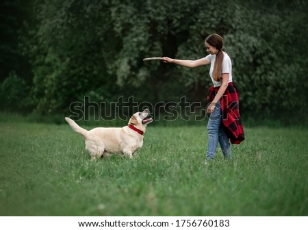 Similar – Image, Stock Photo Loving young woman offered a paw by her dog