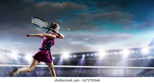 Young Woman Playing Tennis In Action. Mixed Media