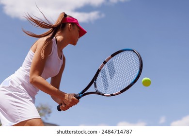 young woman playing tennis on the tennis court, olympic sport, outdoor activity concept - Powered by Shutterstock