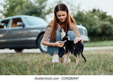 A Young Woman Plays With An Animal With Her Dog On The Grass In The Park Outside And Smiles