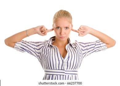 Young Woman Plugging Ears With Fingers