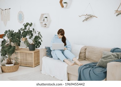 Young Woman Plus Size Model In A Blue Suit Works On A Laptop On The Couch In A Modern Light Interior With Home Garden And Macrame On The Wall