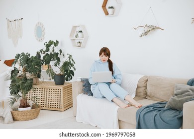 Young Woman Plus Size Model In A Blue Suit Works On A Laptop On The Couch In A Modern Light Interior With Home Garden And Macrame On The Wall