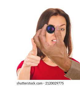 Young Woman Pointing On Man With Mini Hidden Spy Camera