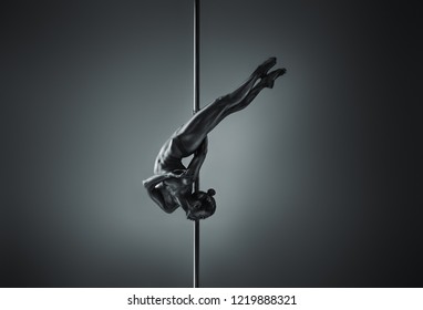 Young Woman Pole Dancing. Silver Body Paint And Toning. Dramatic Colors.