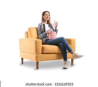 Young Woman With Popcorn Watching Movie On White Background